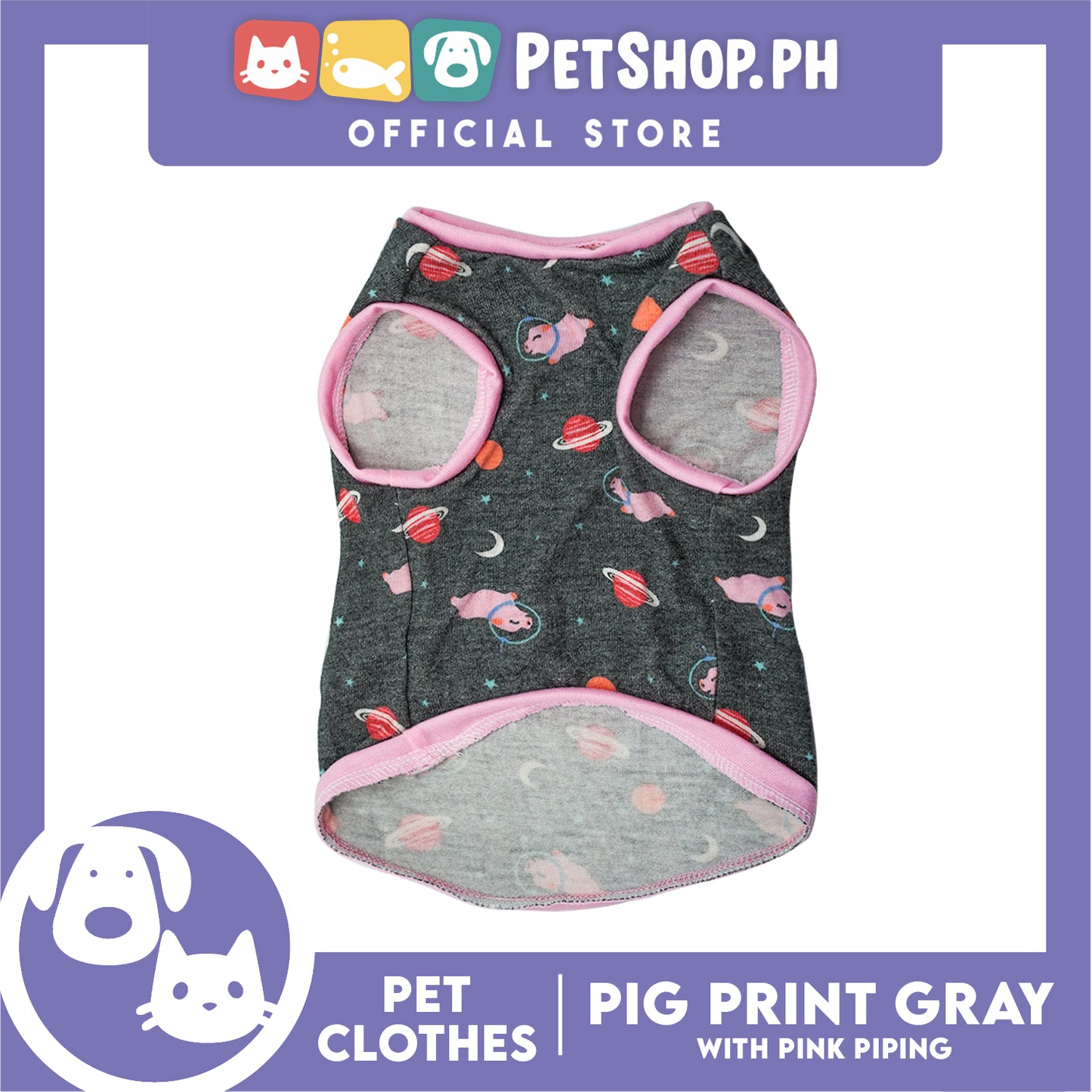 Gray Pet Sando (Large) Pink Line Pig and Galaxy Design Sando Pet Shirt Dress for Puppy, Small Dog and Cats - Sando Breathable Clothes, Pet T-shirt, Sweat Shirt