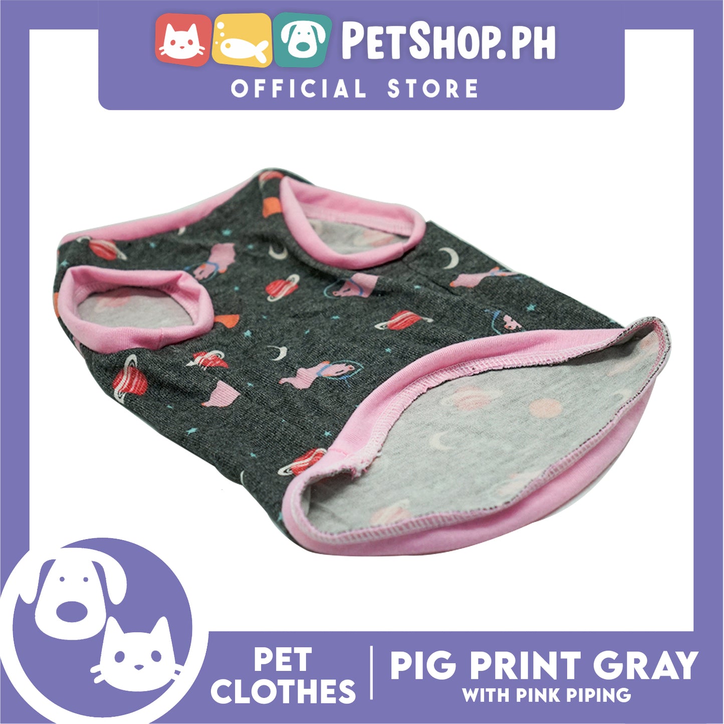 Gray Pet Sando (Small) Pink Line Pig and Galaxy Design Sando Pet Shirt Dress for Puppy, Small Dog and Cats - Sando Breathable Clothes, Pet T-shirt, Sweat Shirt
