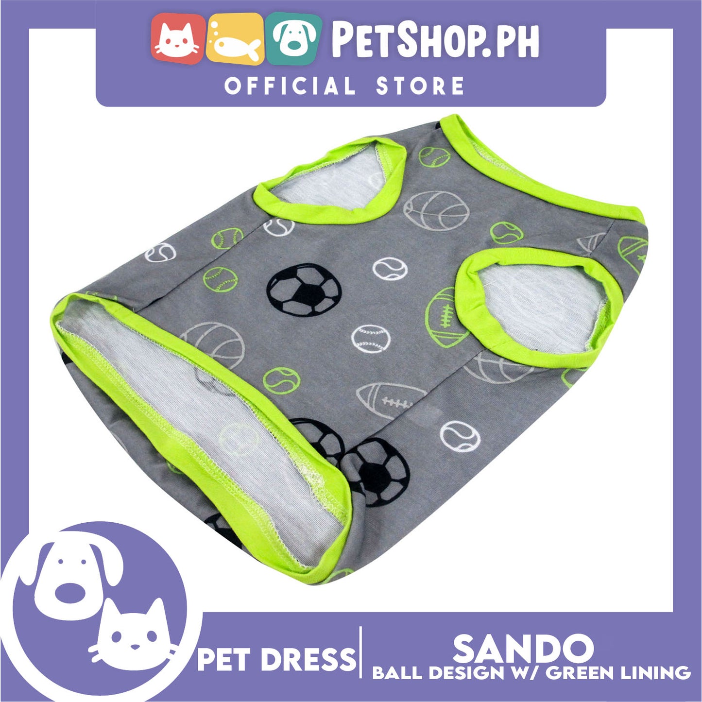 Pet Sando Gray with Soccer Print with Green Piping (Medium) for Small Dog- Pet Sport Clothes