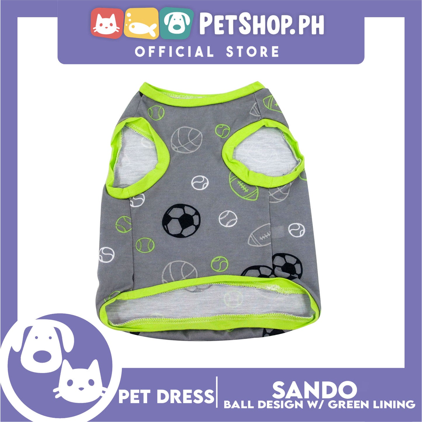 Pet Sando Gray with Soccer Print with Green Piping (Extra Large) for Small Dog- Pet Sport Clothes