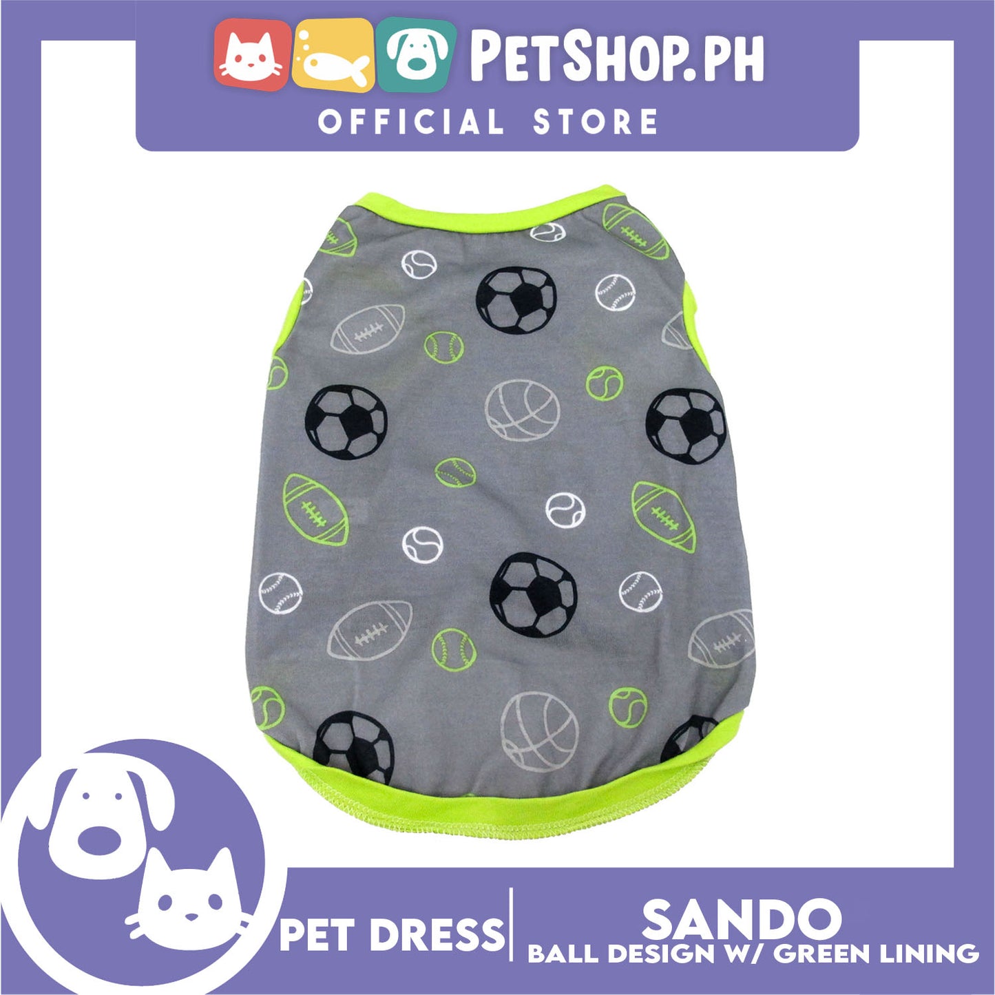 Pet Sando Gray with Soccer Print with Green Piping (Extra Large) for Small Dog- Pet Sport Clothes