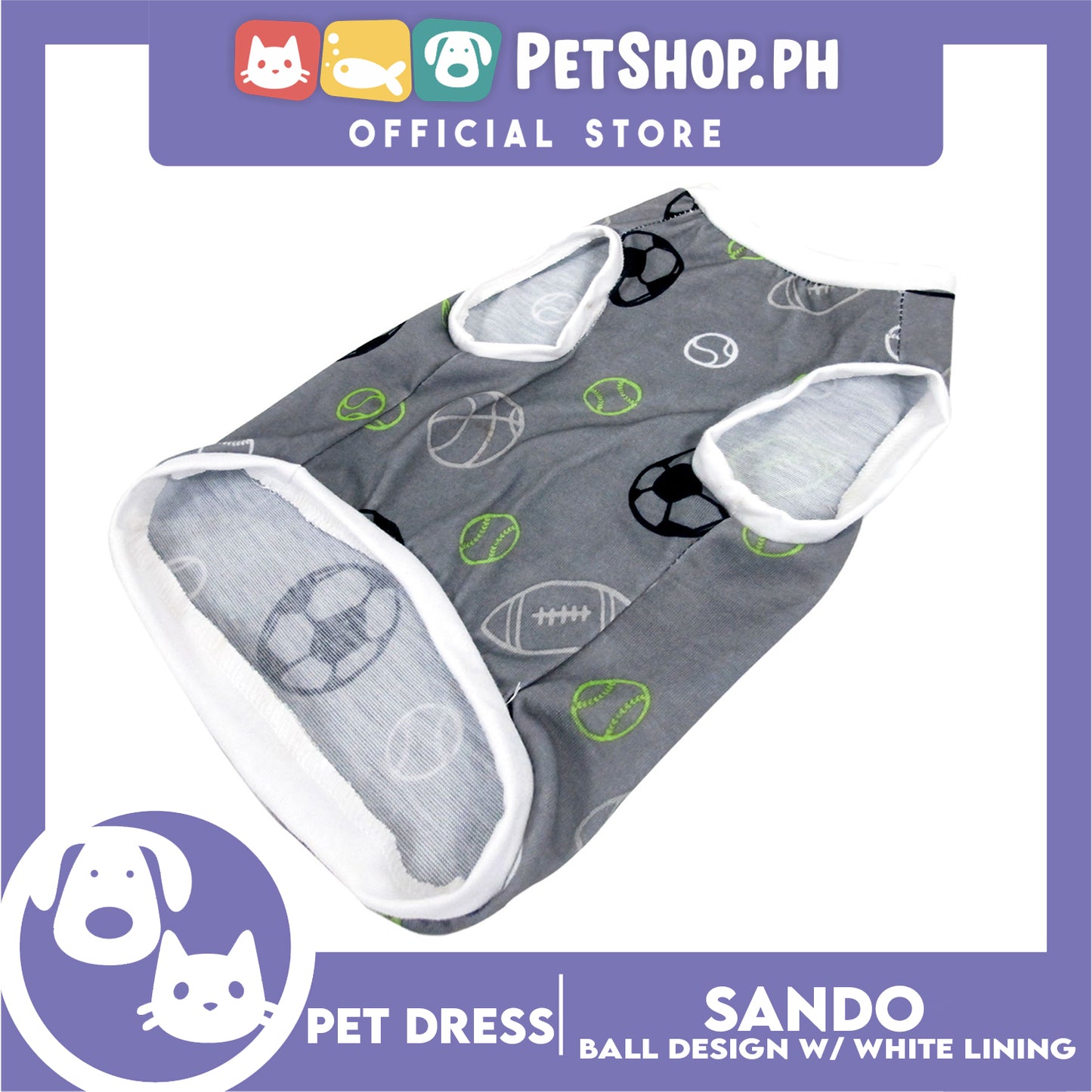 Pet Sando Gray with Soccer Print White Piping (Medium) for Small Dog- Pet Sport Clothes