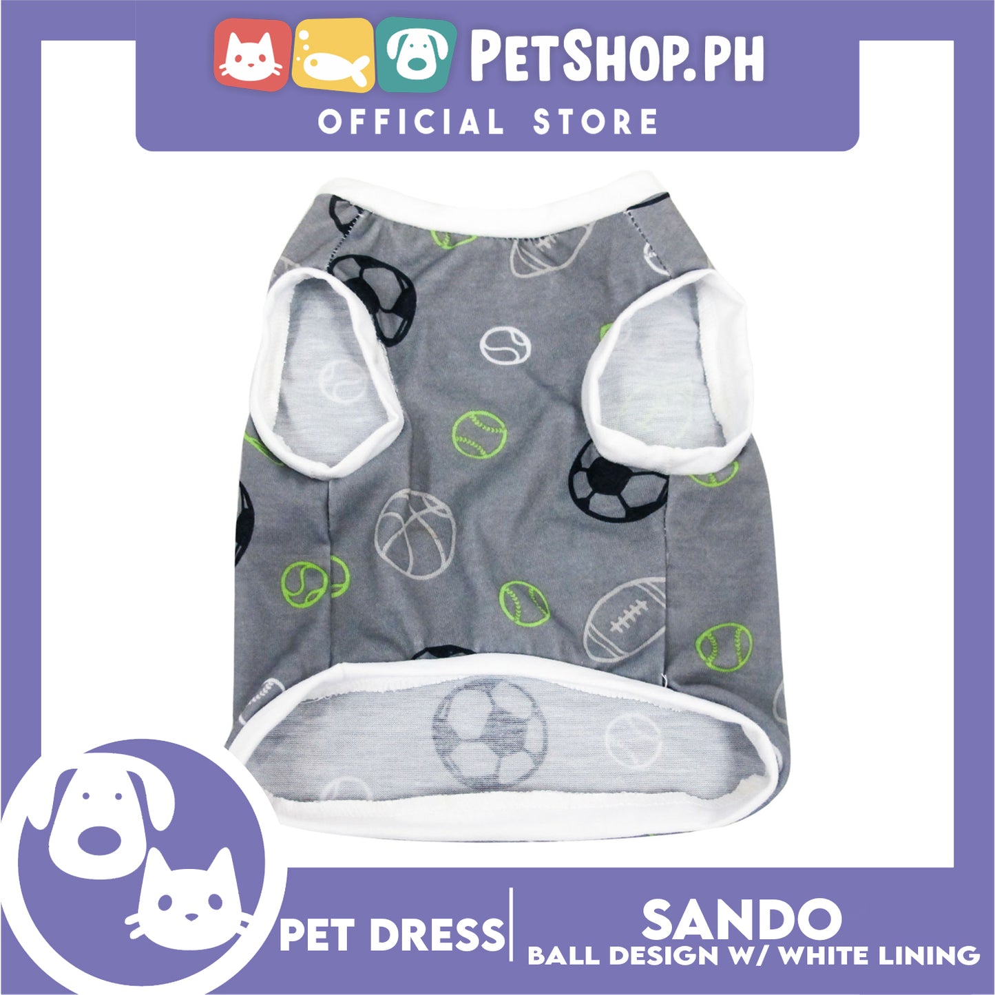 Pet Sando Gray with Soccer Print White Piping (Medium) for Small Dog- Pet Sport Clothes