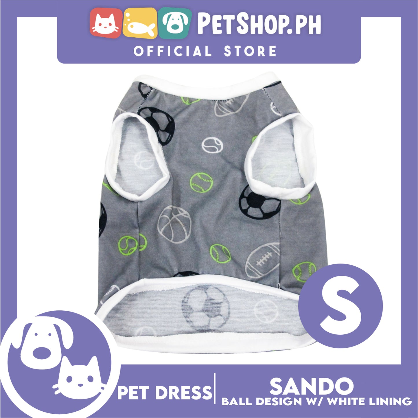 Pet Sando Gray with Soccer Print White Piping (Small) for Small Dog- Pet Sport Clothes