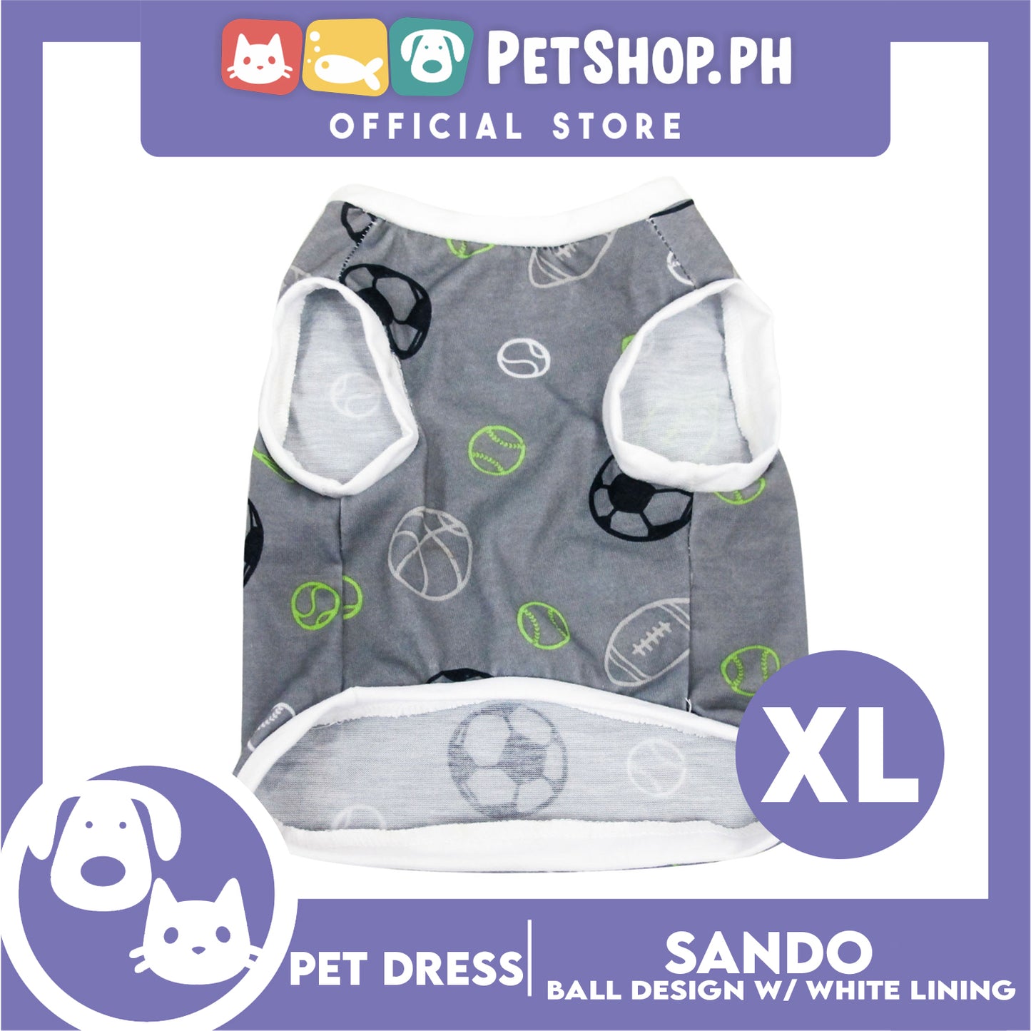 Pet Sando Gray with Soccer Print White Piping (Extra Large) for Small Dog- Pet Sport Clothes
