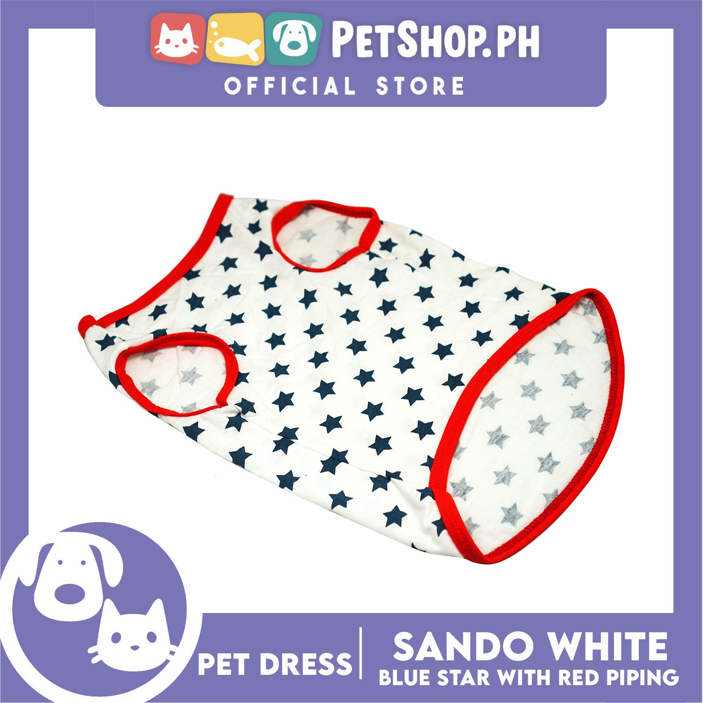 Pet Shirt White Sando with Blue Star and Red Piping (Small) Perfect Fit for Dogs and Cats Cloth