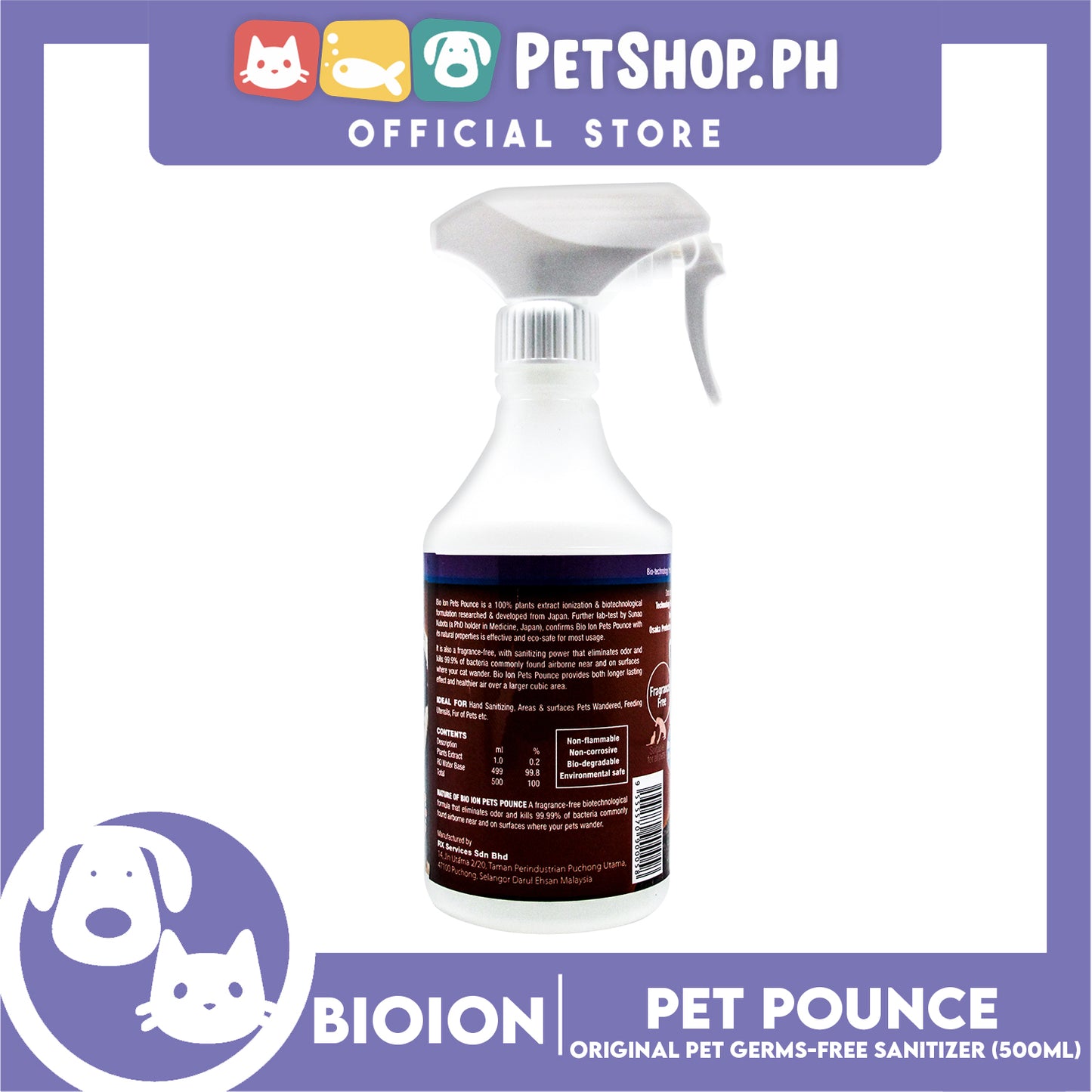 Bio Ion Pet Pounce Natural 500ml Pet Germs-Free Sanitizer