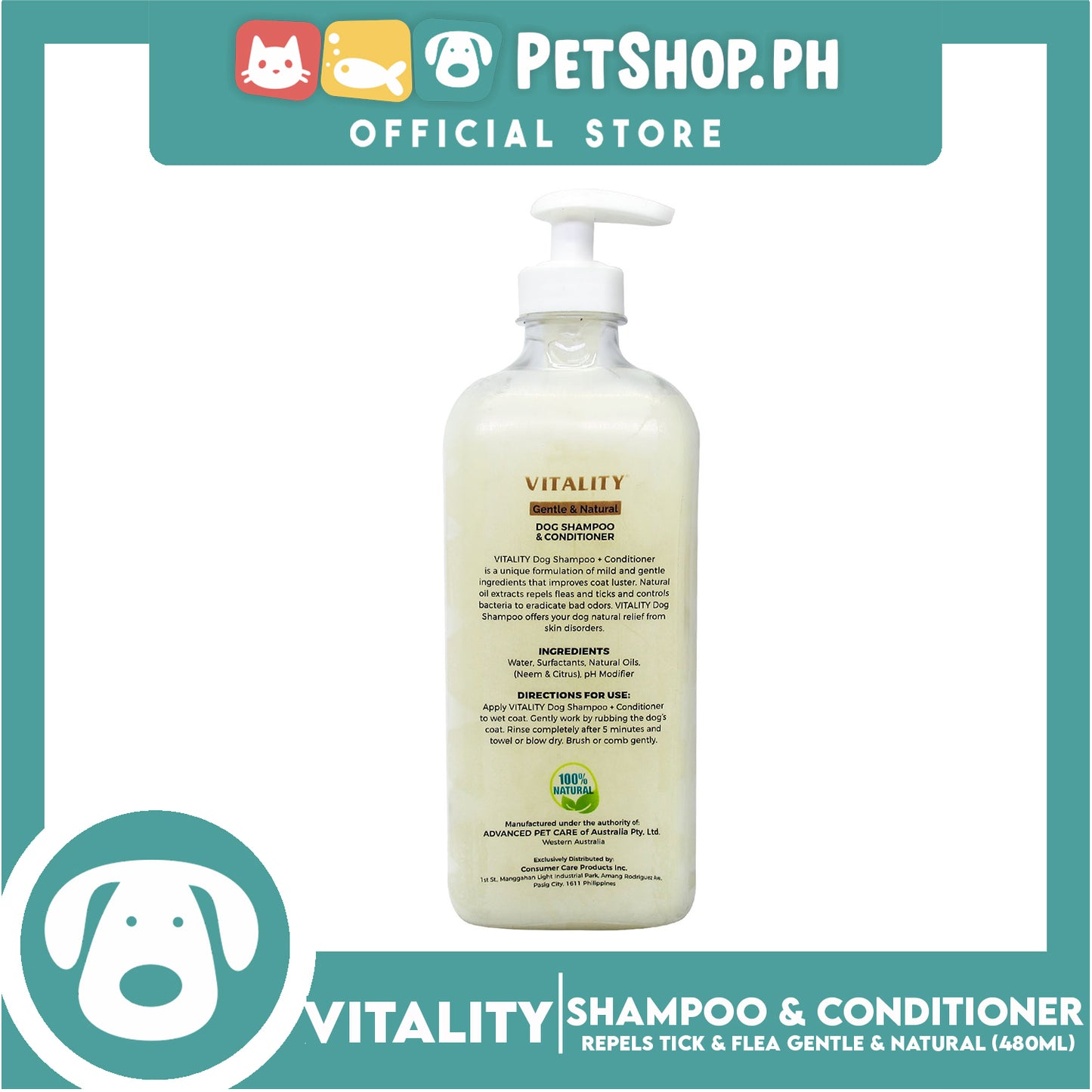 Vitality Gentle And Natural, Dog Shampoo And Conditioner 480ml (Repels Ticks And Fleas) Eliminates Odor With Neem And Citrus, Dog Grooming