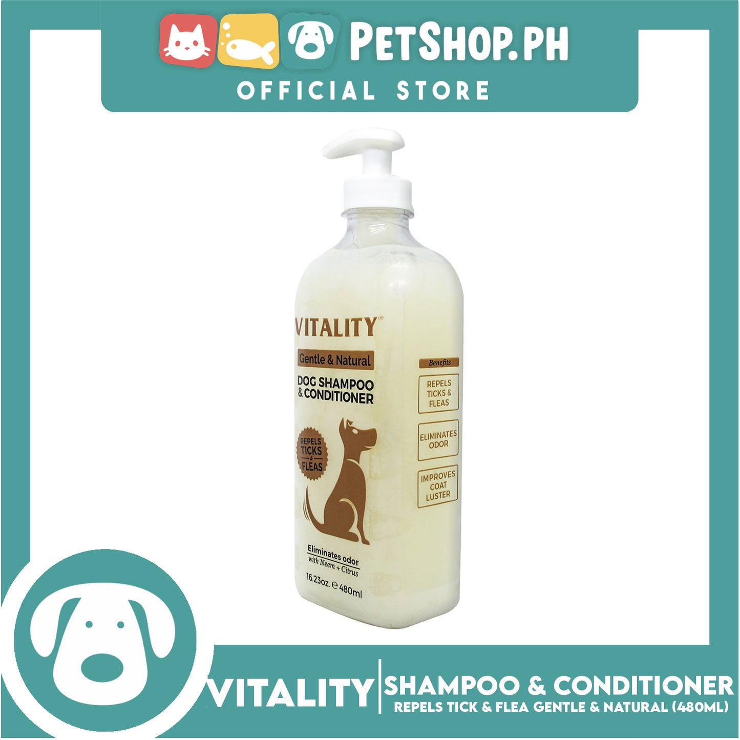 Vitality Gentle And Natural, Dog Shampoo And Conditioner 480ml (Repels Ticks And Fleas) Eliminates Odor With Neem And Citrus, Dog Grooming