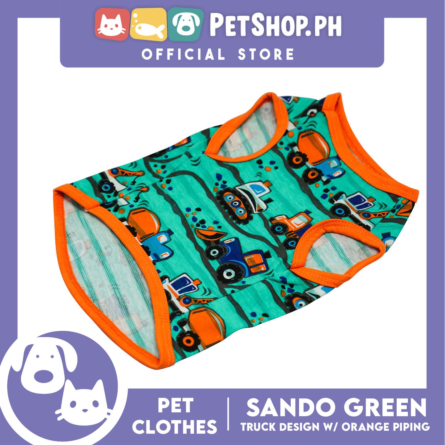 Green Pet Sando with Truck Design with Orange Piping Sleeveless (Large) for Puppy, Small Dogs and Cats