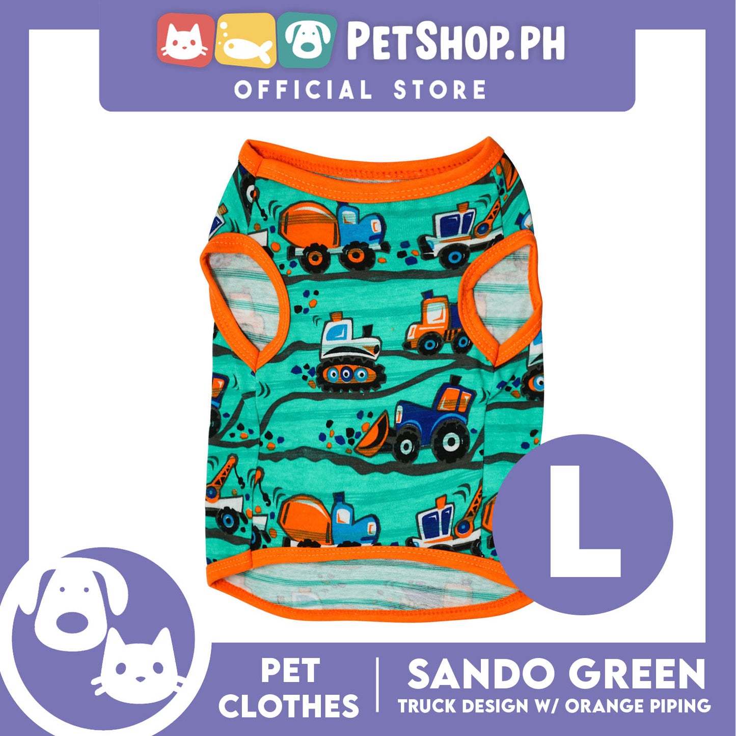 Green Pet Sando with Truck Design with Orange Piping Sleeveless (Large) for Puppy, Small Dogs and Cats