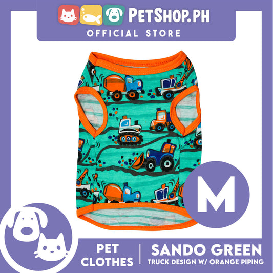 Green Pet Sando with Truck Design with Orange Piping Sleeveless (Medium) for Puppy, Small Dogs