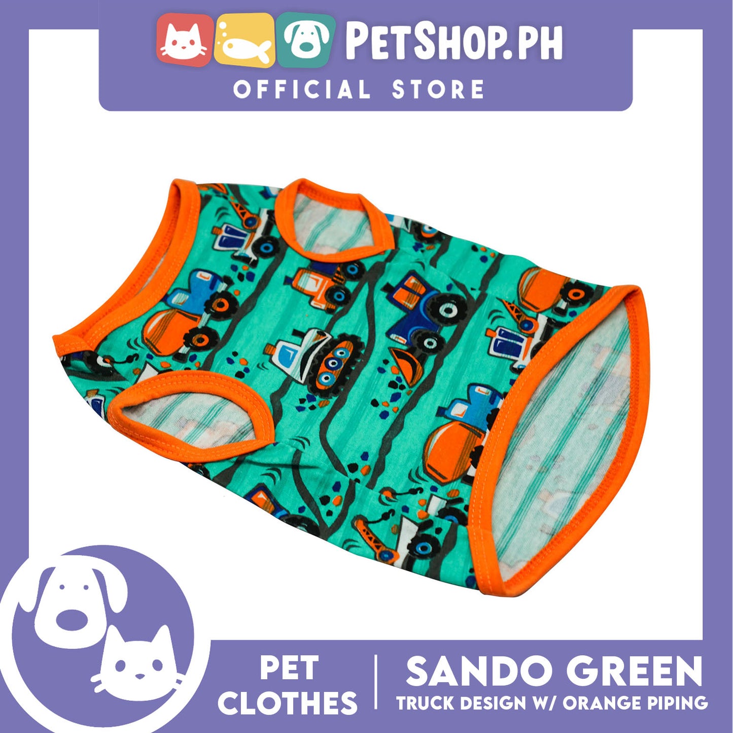 Green Pet Sando with Truck Design with Orange Piping Sleeveless (Extra Large) for Puppy, Small Dogs and Cats