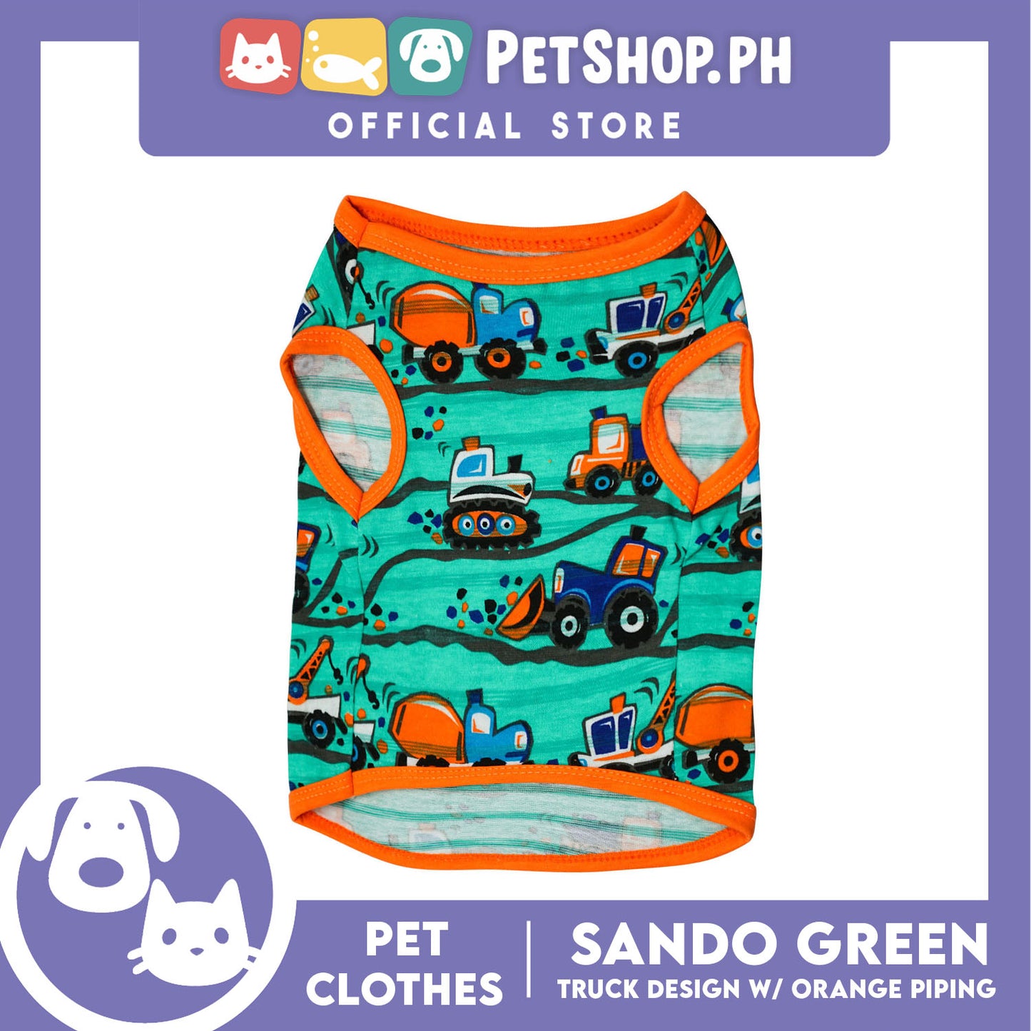 Green Pet Sando with Truck Design with Orange Piping Sleeveless (Extra Large) for Puppy, Small Dogs and Cats