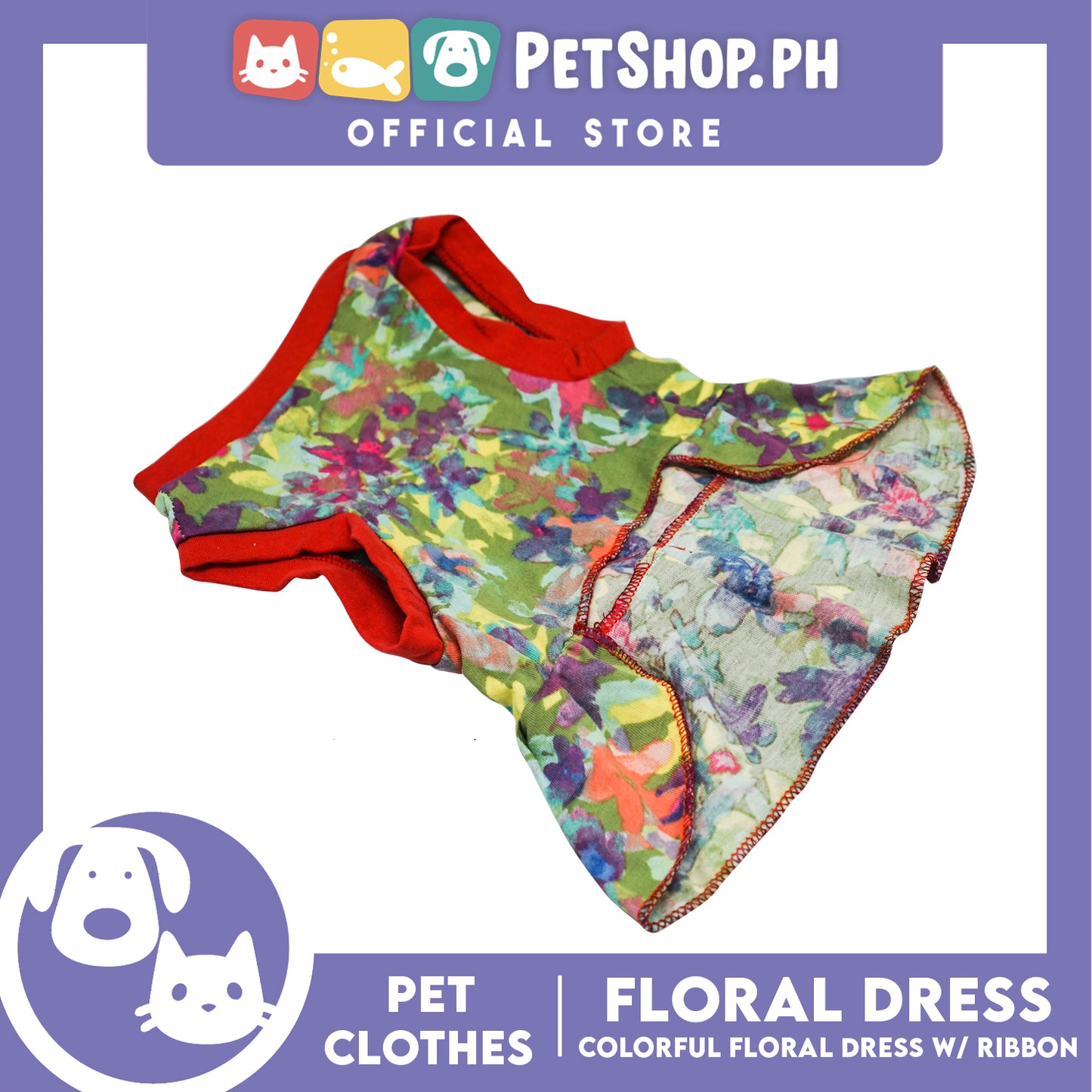 Colorful Floral Pet Dress with Red Ribbon (Large) Pet Shirt for Puppy, Small Dogs and Cats
