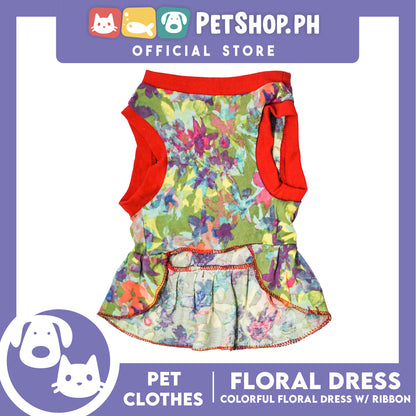 Colorful Floral Pet Dress with Red Ribbon (Medium) Pet Shirt for Puppy, Small Dogs and Cats