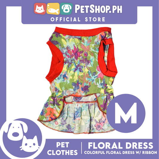 Colorful Floral Pet Dress with Red Ribbon (Medium) Pet Shirt for Puppy, Small Dogs and Cats