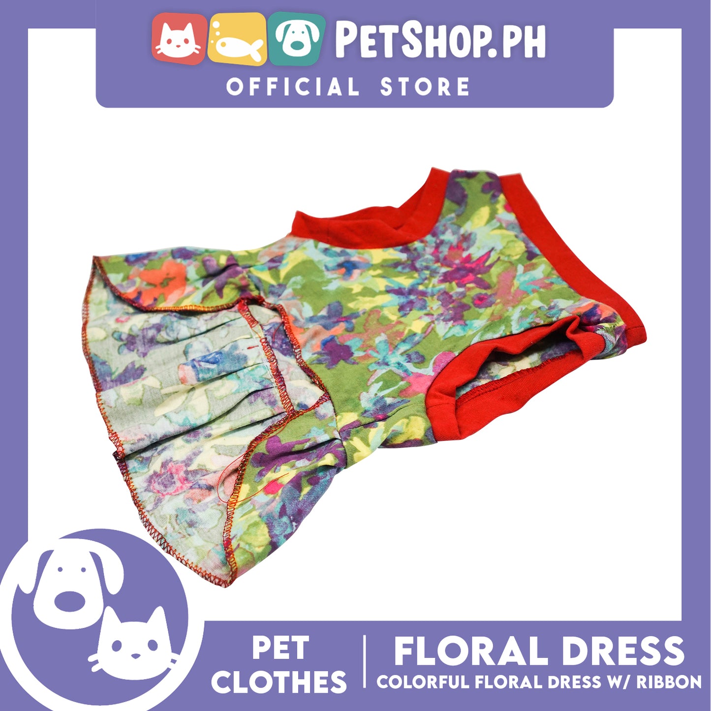 Colorful Floral Pet Dress with Red Ribbon (Small) Pet Shirt for Puppy, Small Dogs and Cats