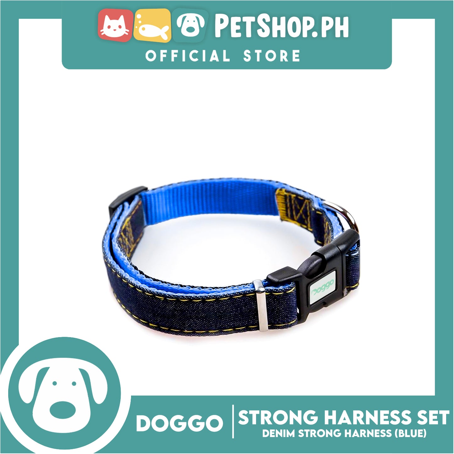 Doggo Strong Harness Set Denim Design Large (Blue) Harness, Leash and Collar for Your Dog