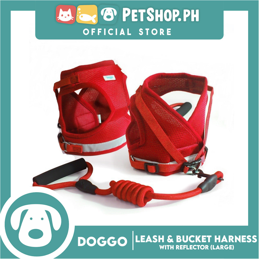 Doggo Leash and Bucket Harness with Reflector Large (Red) Perfect Set for Your Dog