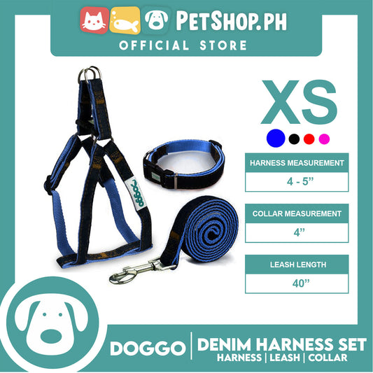Doggo Strong Harness Set Denim Design Extra Small (Blue) Harness, Leash and Collar for Your Dog
