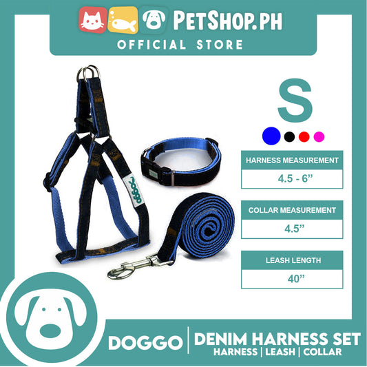 Doggo Strong Harness Set Denim Design Small (Blue) Harness, Leash and Collar for Your Dog