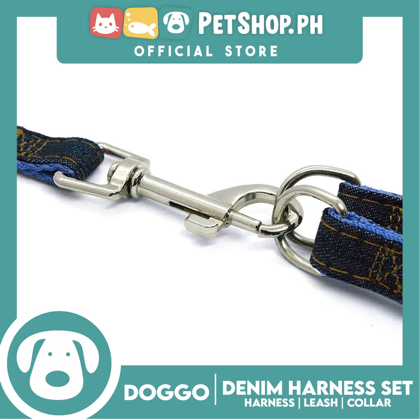 Doggo Strong Harness Set Denim Design Medium (Blue) Harness, Leash and Collar for Your Dog
