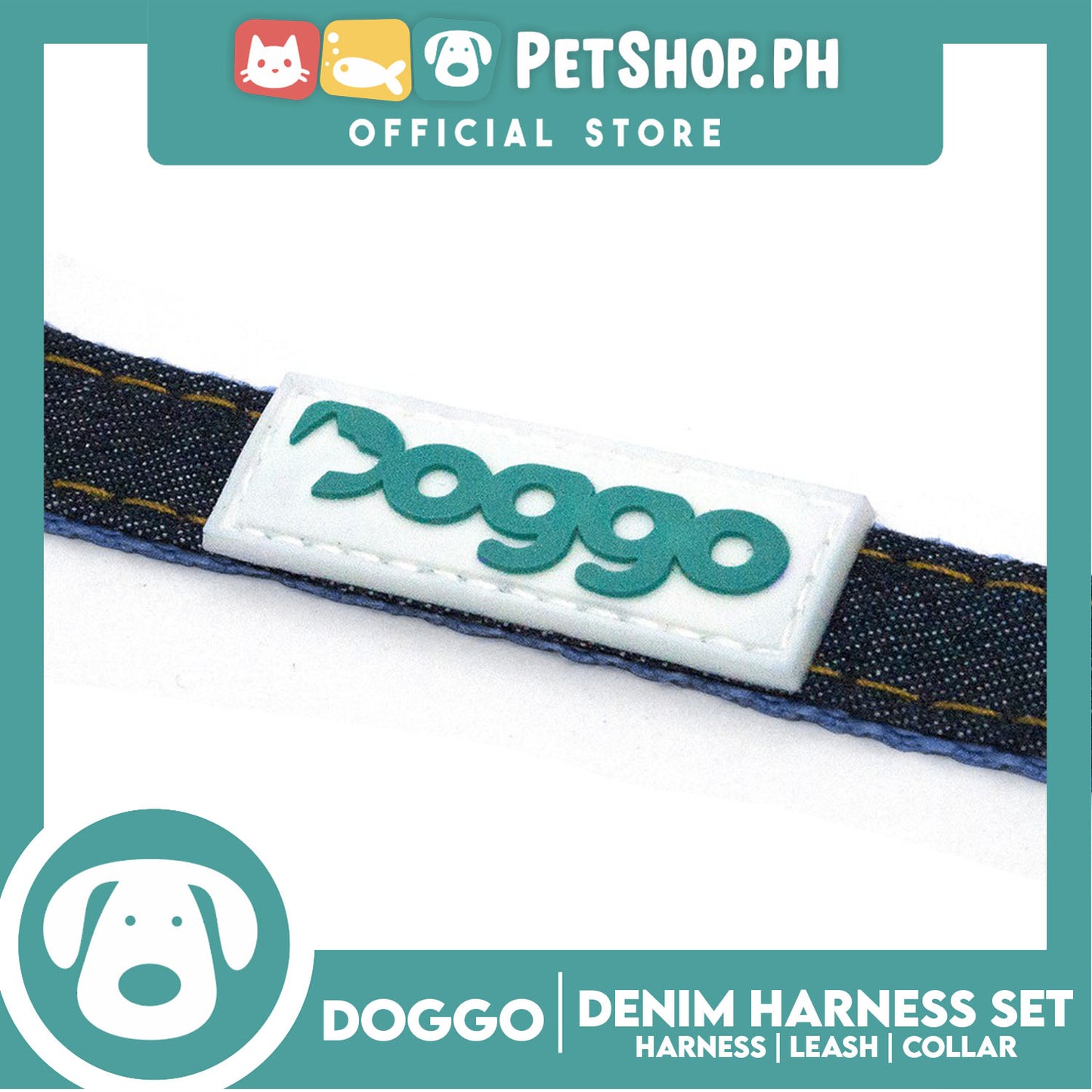 Doggo Strong Harness Set Denim Design Medium (Blue) Harness, Leash and Collar for Your Dog