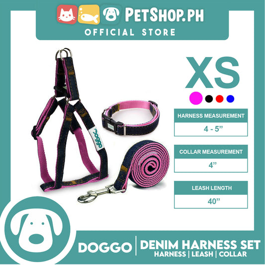 Doggo Strong Harness Set Denim Design Extra Small (Pink) Harness, Leash and Collar for Your Dog