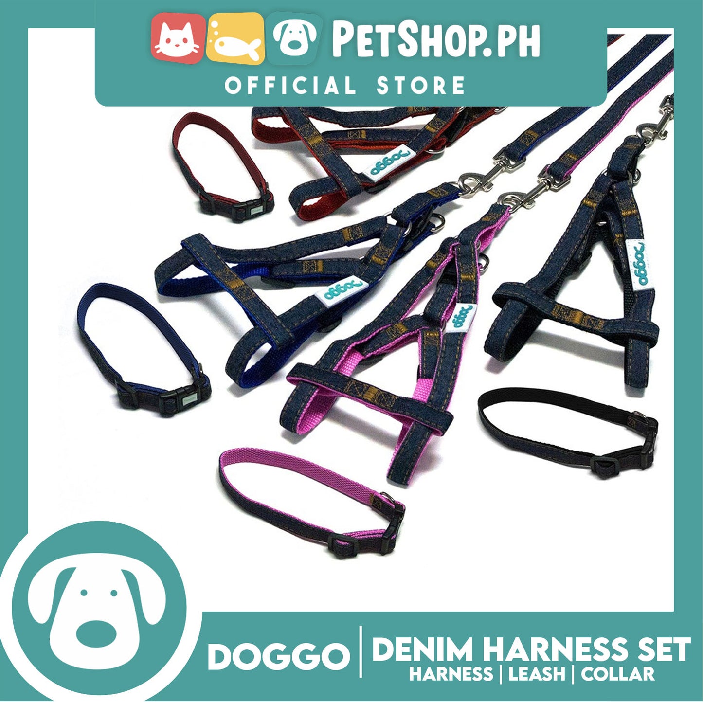 Doggo Strong Harness Set Denim Design Small (Pink) Harness, Leash and Collar for Your Dog