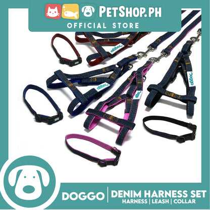 Doggo Strong Harness Set Denim Design Large (Pink) Harness, Leash and Collar for Your Dog