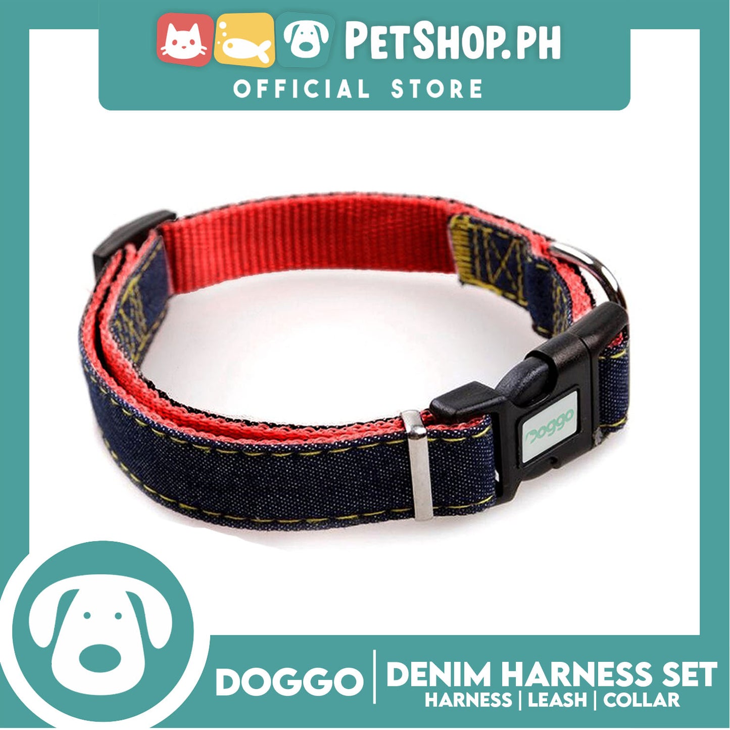 Doggo Strong Harness Set Denim Design Small (Red) Harness, Leash and Collar for Your Dog