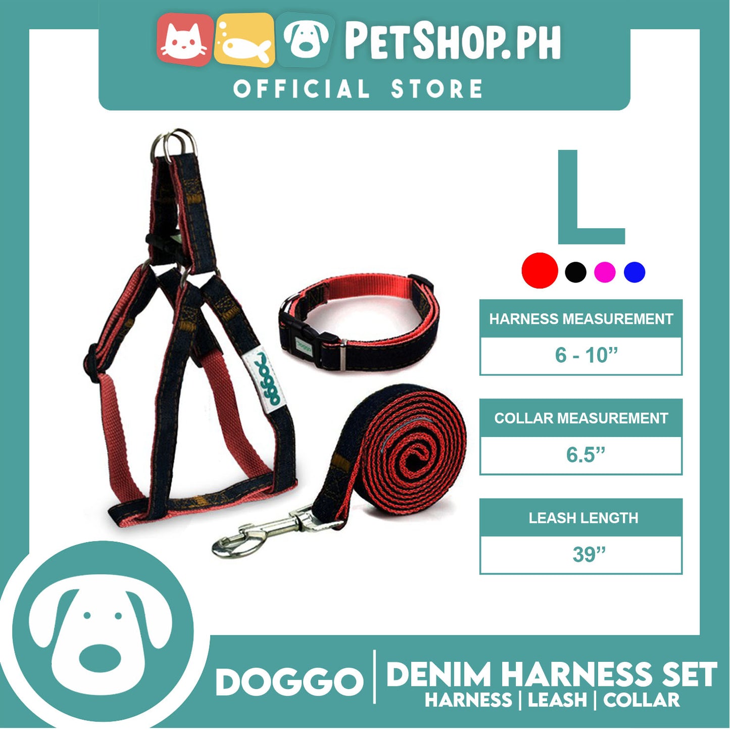 Doggo Strong Harness Set Denim Design Large (Red) Harness, Leash and Collar for Your Dog