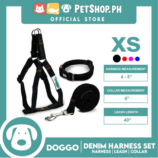 Doggo Strong Harness Set Denim Design Extra Small (Black) Harness, Leash and Collar for Your Dog