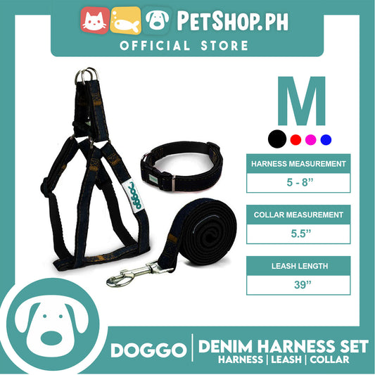 Doggo Strong Harness Set Denim Design Medium (Black) Harness, Leash and Collar for Your Dog