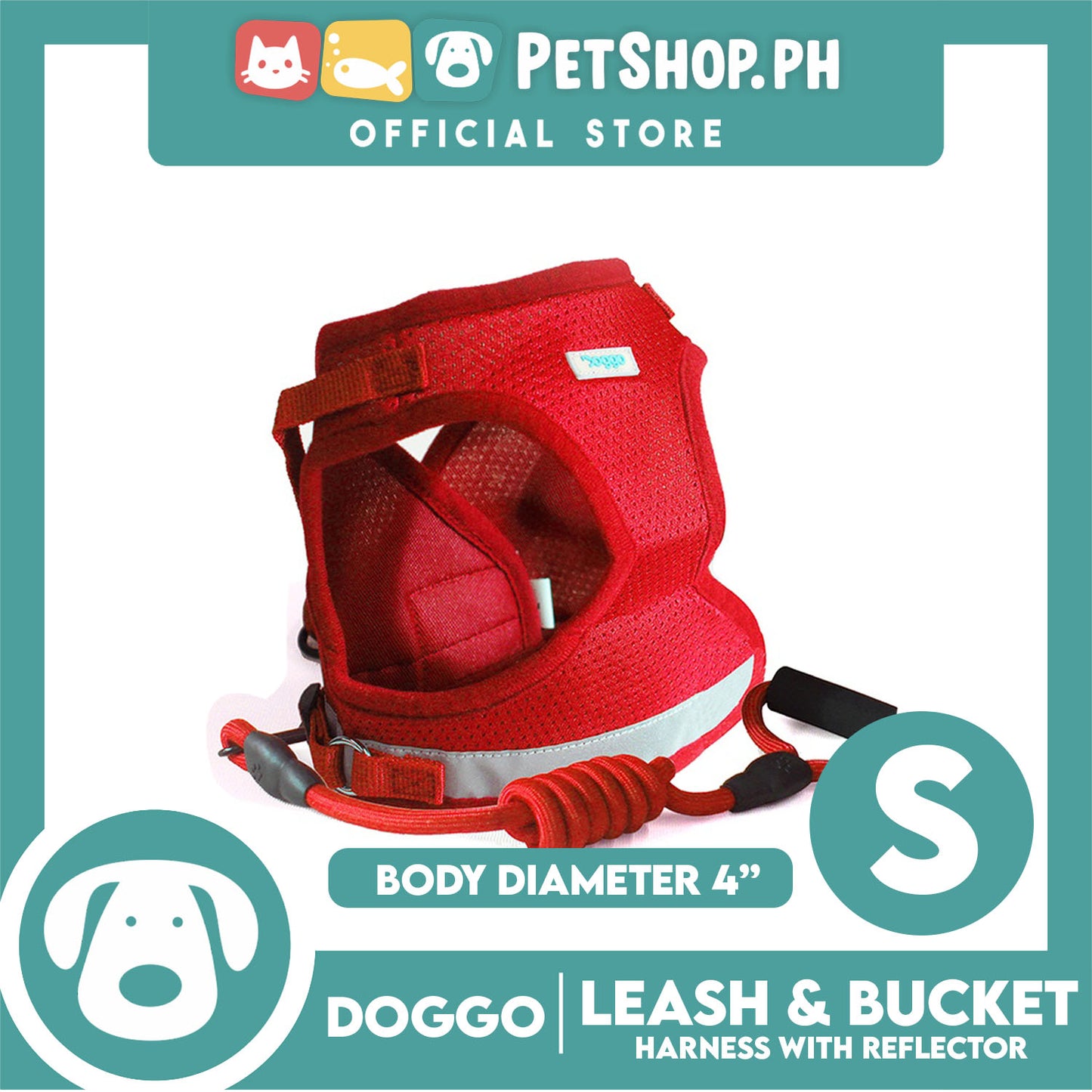 Doggo Leash and Bucket Harness with Reflector Small (Red) Perfect Set for Your Dog