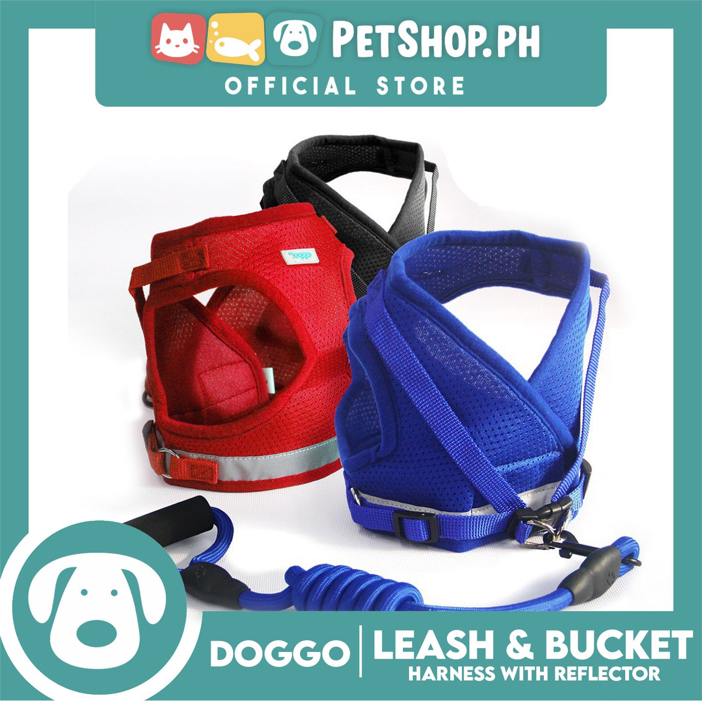 Doggo Leash and Bucket Harness with Reflector Large (Black) Perfect Set for Your Dog