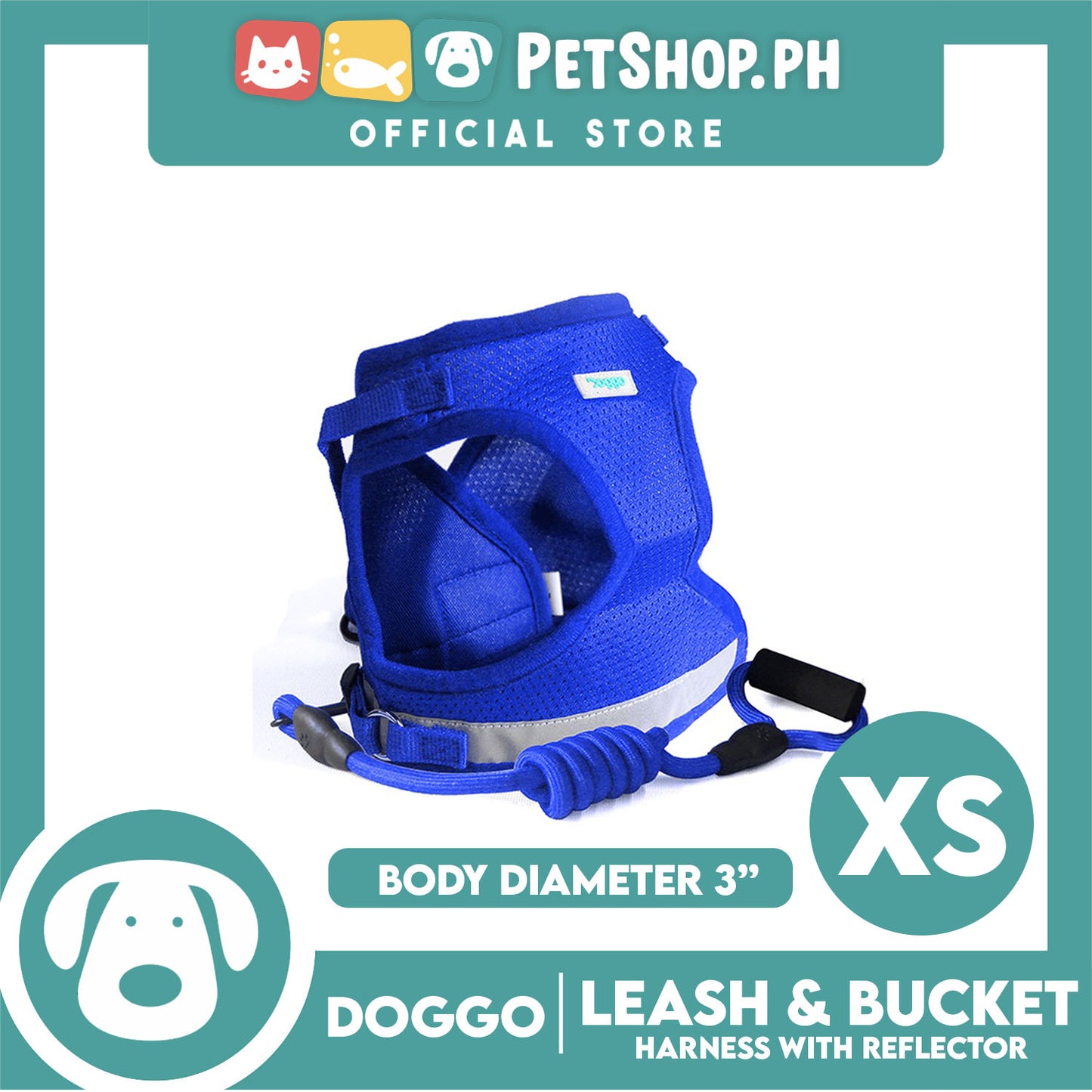 Doggo Leash and Bucket Harness with Reflector Extra Small (Blue) Perfect Set for Your Dog