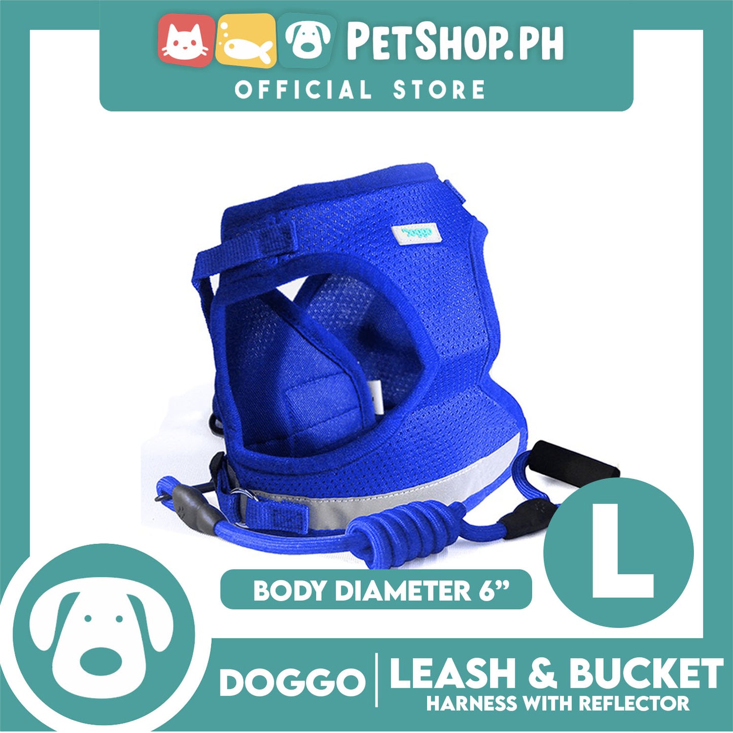 Doggo Leash and Bucket Harness with Reflector Large (Blue) Perfect Set for Your Dog