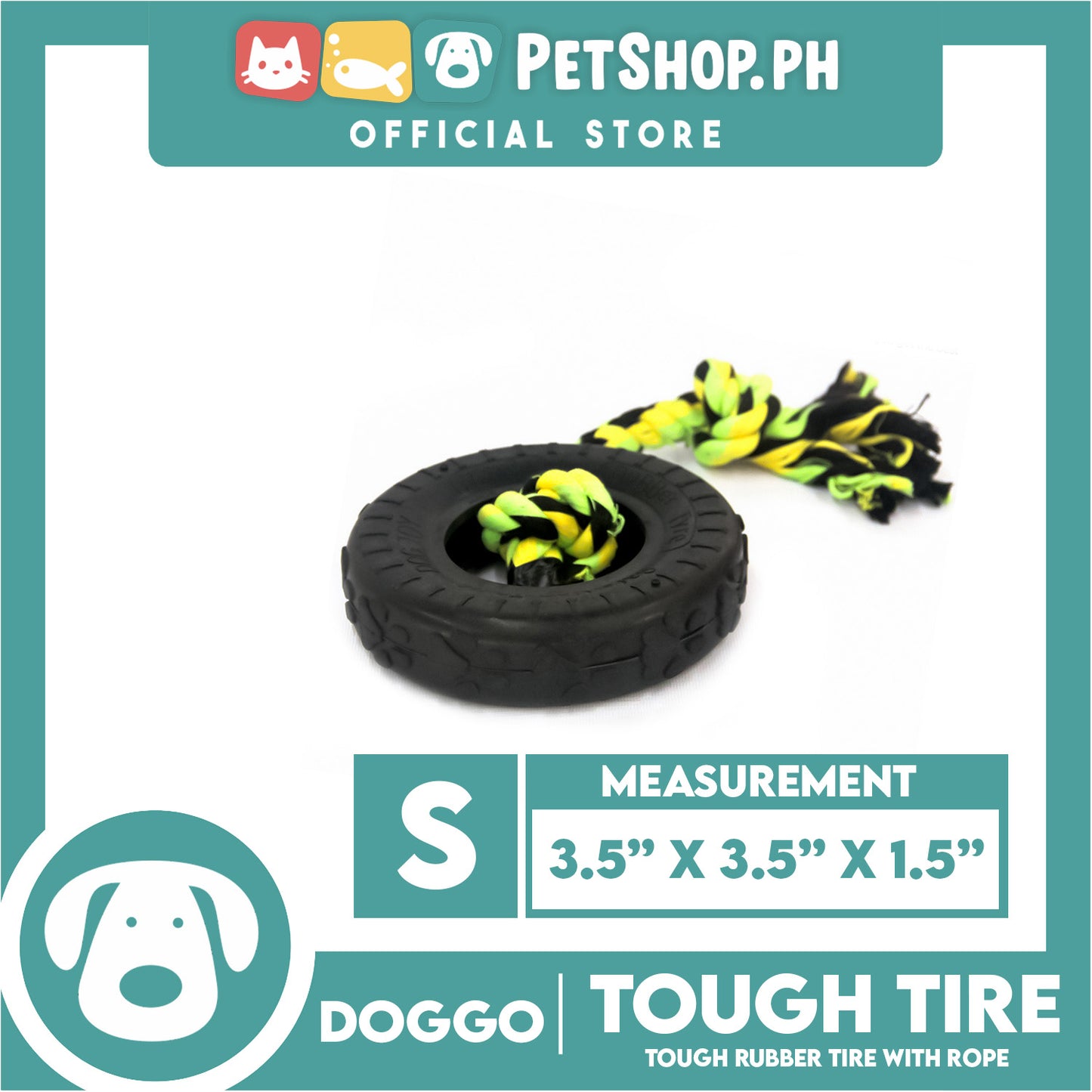 Doggo Dog Toy Tough Tire Rubber with Rope Small Size (Black) Pet Toy Rubber Tire