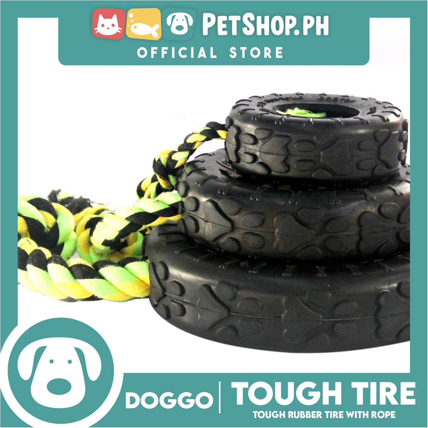 Doggo Dog Toy Tough Tire Rubber with Rope Small Size (Black) Pet Toy Rubber Tire