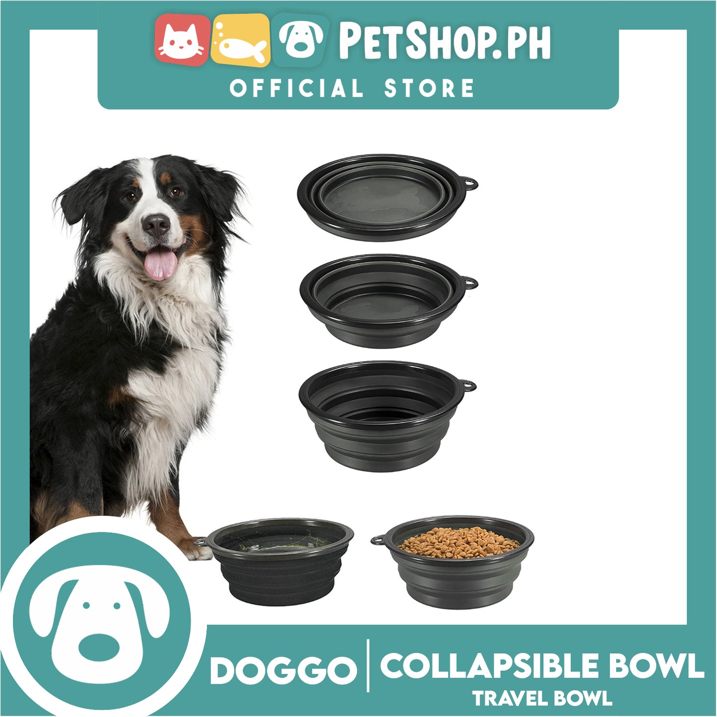 Doggo Collapsible Travel Bowl Large Size (Black) Foldable Pet Feeding Bowl