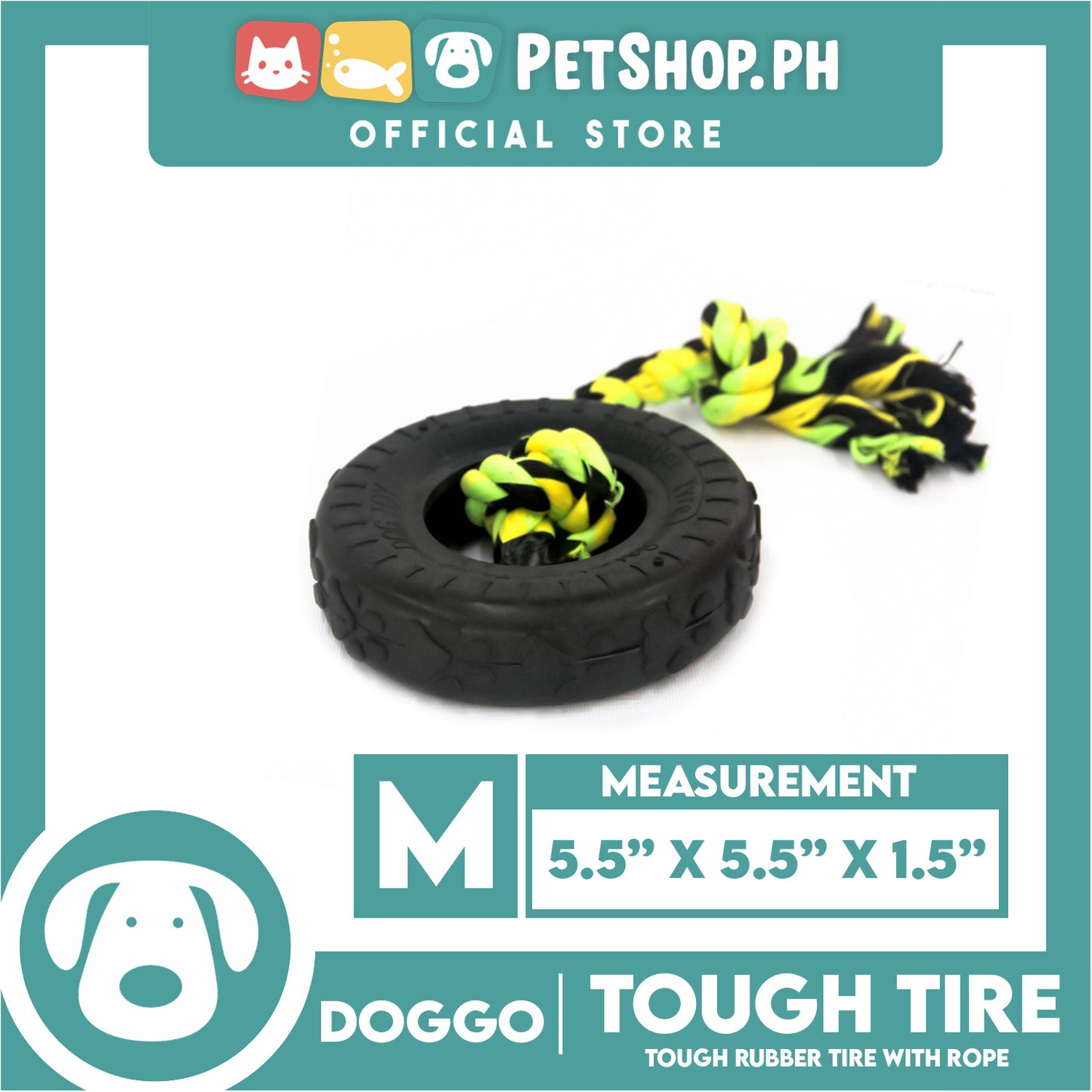 Doggo Dog Toy Tough Tire Rubber with Rope Medium Size (Black) Pet Toy Rubber Tire