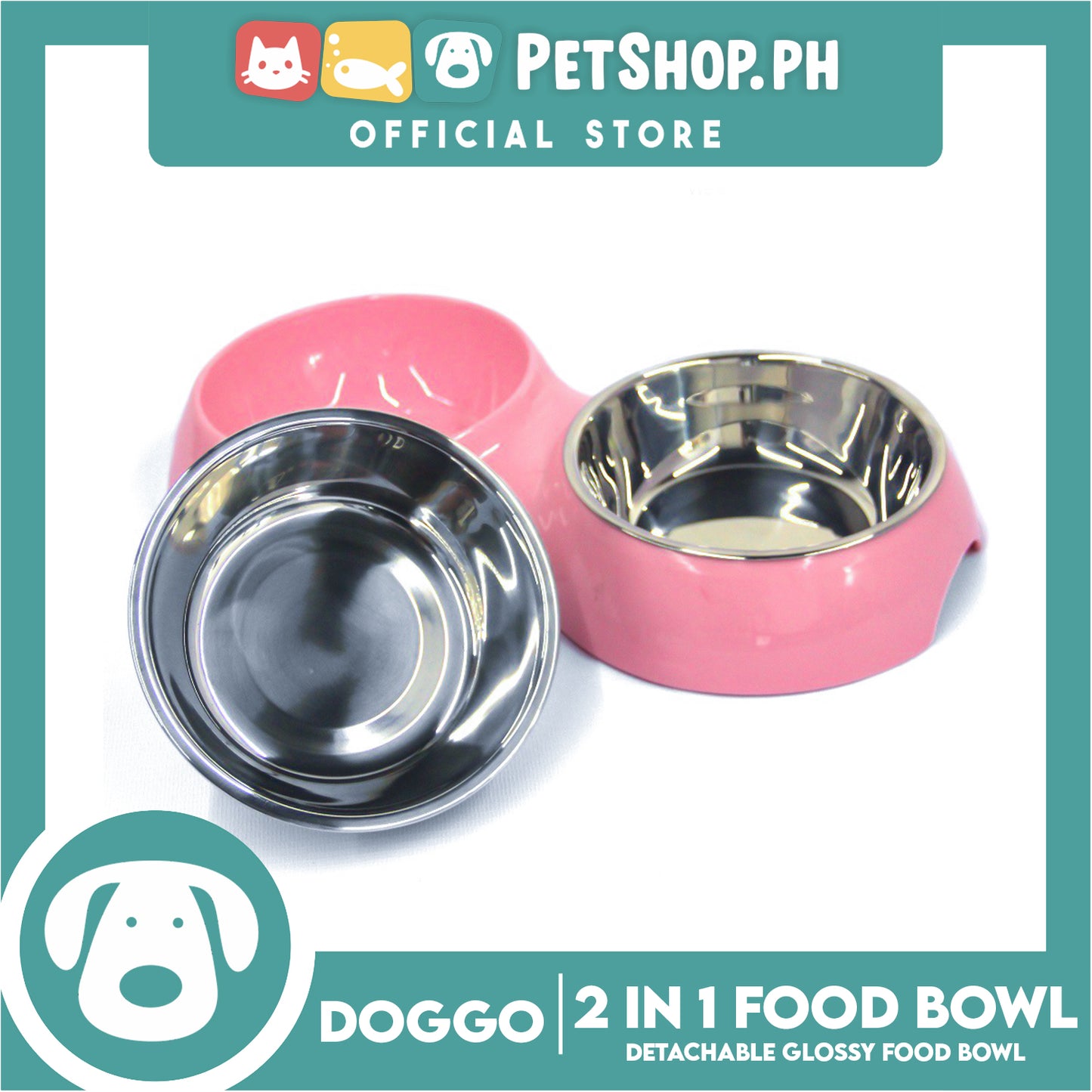 Doggo Glossy 2 in 1 Bowl (Pink) Thick Plastic Material Detachable Pet Feeding Bowl