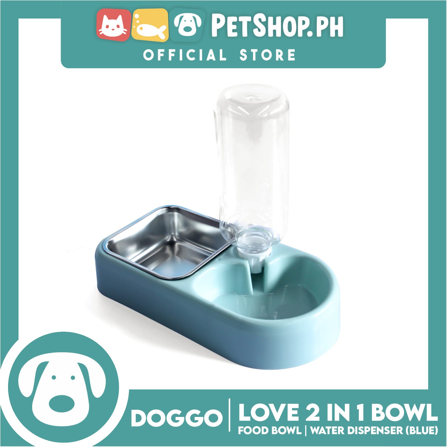 Doggo Love 2 in 1 Bowl With 500ml Bottle (Blue) Thick Plastic Material Pet Bowl