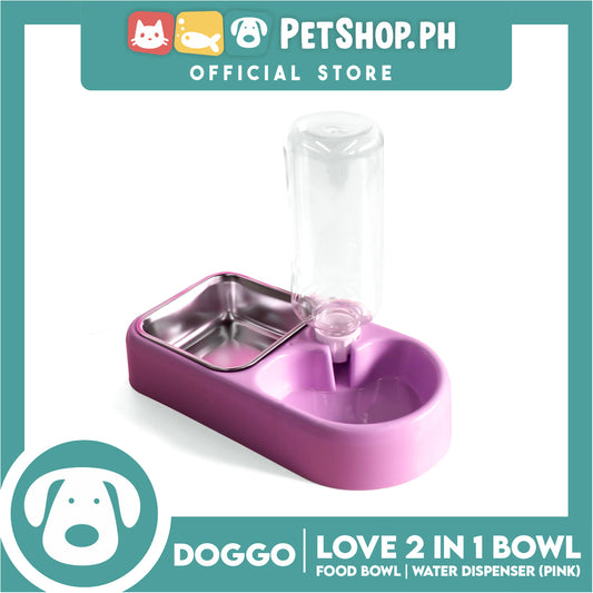 Doggo Love 2 in 1 Bowl With 500ml Bottle (Pink) Thick Plastic Material Pet Bowl