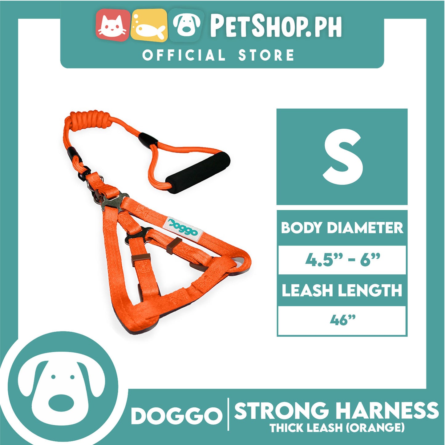 Doggo Strong Harness Thick Leash Soft Handle Steel Connector Small (Orange) Safe Harness for Your Dog