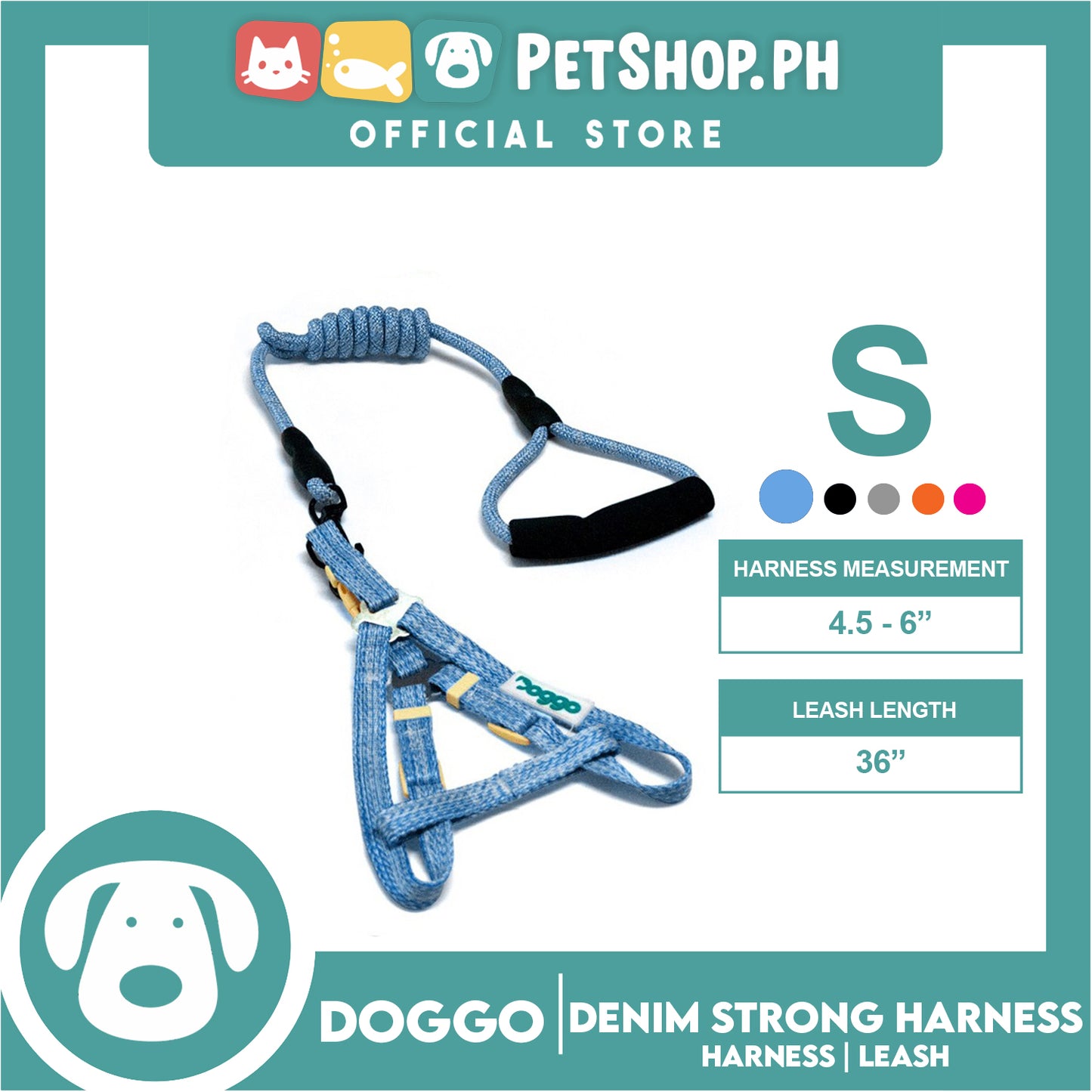 Doggo Atlanta Strong Harness and Leash Set Small Size (Blue)