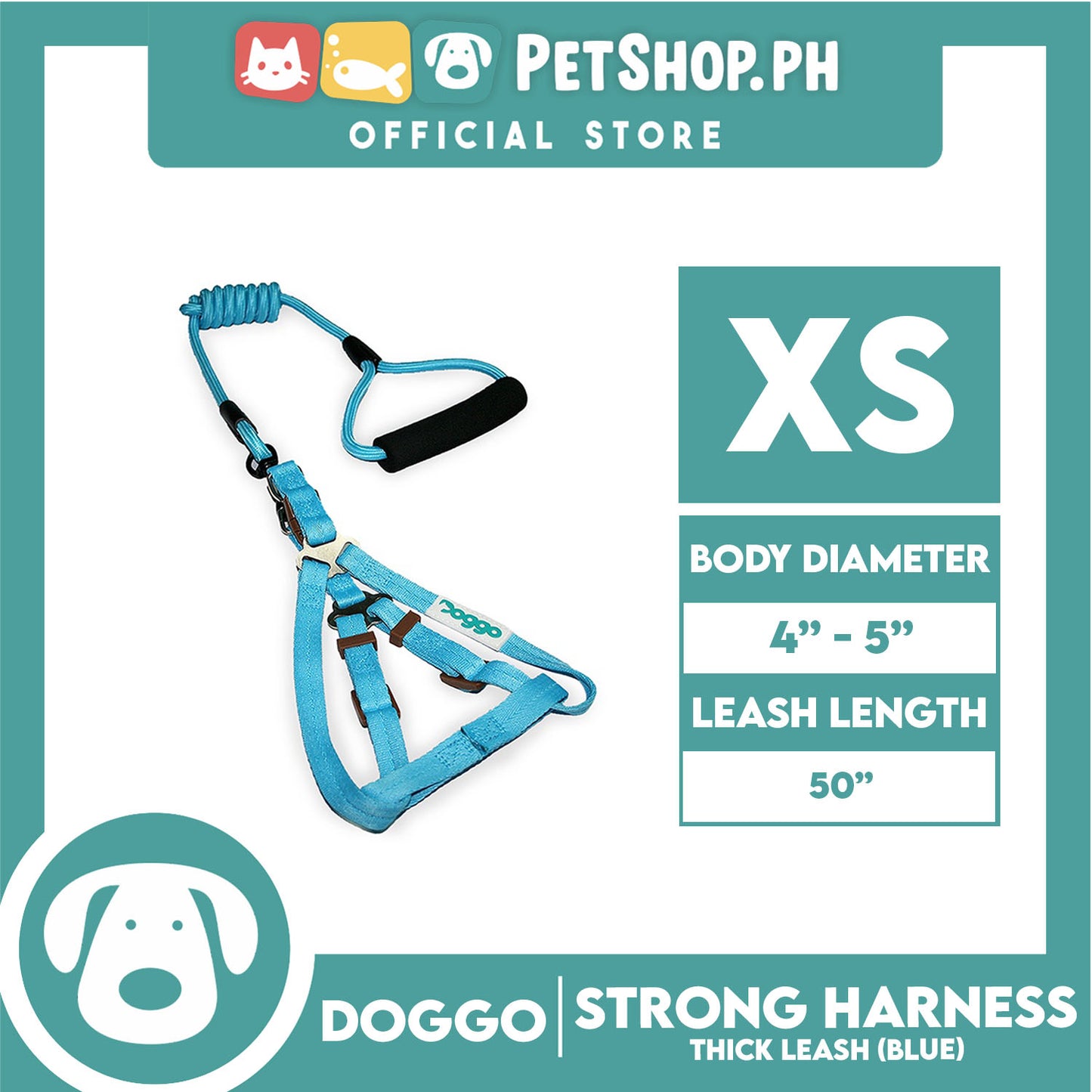 Doggo Strong Harness Thick Leash Soft Handle Steel Connector Extra Small (Blue) Safe Harness for Your Dog