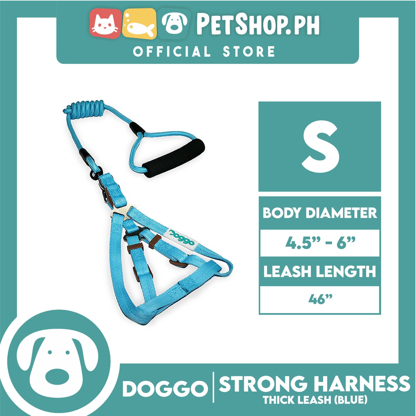 Doggo Strong Harness Thick Leash Soft Handle Steel Connector Small (Blue) Safe Harness for Your Dog